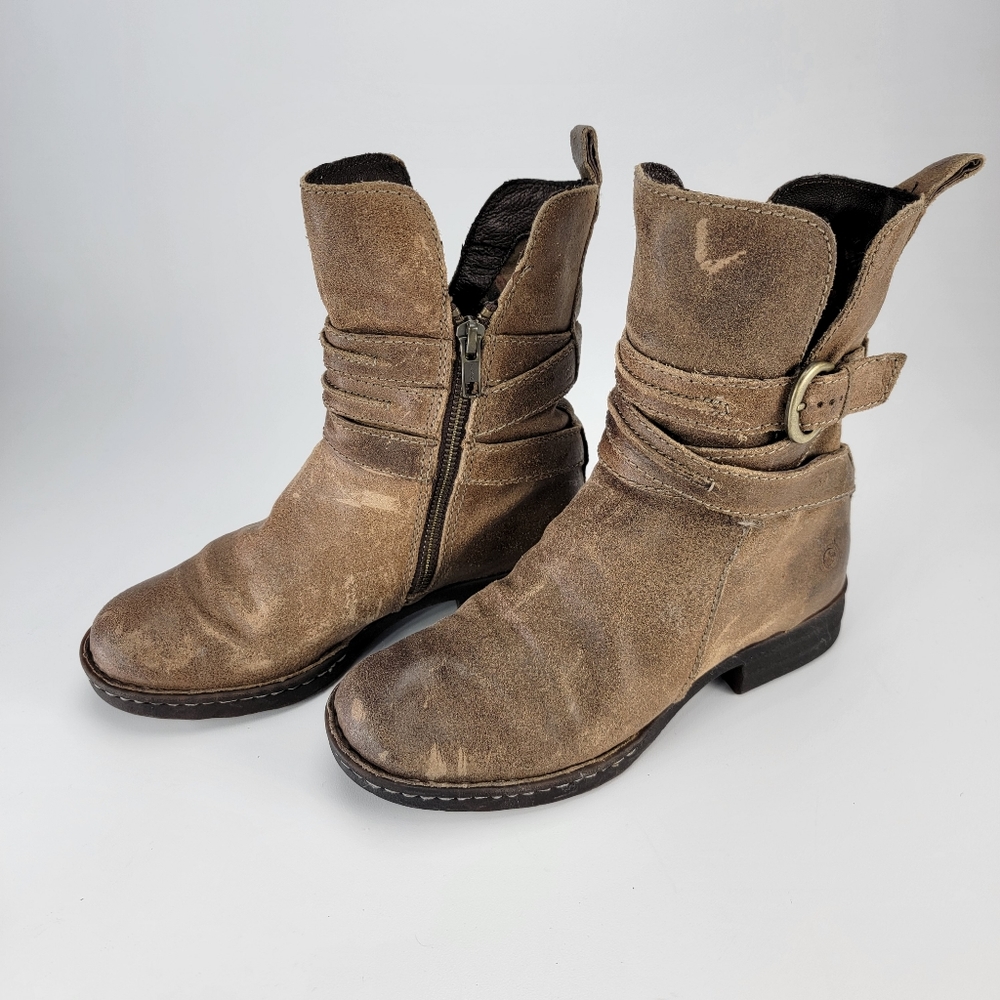 BORN Taupe Zipper Boots Distressed High Ankle Boots with Heel - Size 5